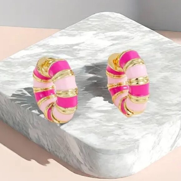 Jewelry - Pink Enamel Huggie Earrnings Medium Hoop #1344